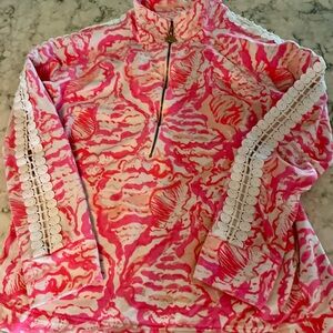 Lilly Pulitzer-pink  and White Quarter-Zip Pullover
